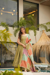 Awesome Green Color Chinnon Silk Long Anarkali Suit