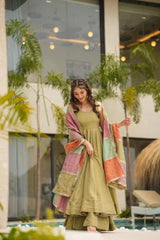 Awesome Green Color Chinnon Silk Long Anarkali Suit