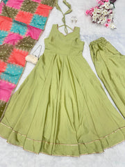 Awesome Green Color Chinnon Silk Long Anarkali Suit