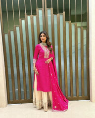 Bollywood Style Sequence With Print Work Pink Color Sharara Suit