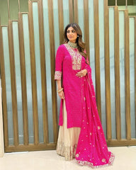 Bollywood Style Sequence With Print Work Pink Color Sharara Suit