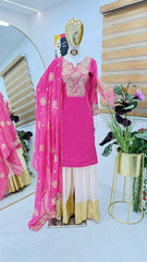 Bollywood Style Sequence With Print Work Pink Color Sharara Suit