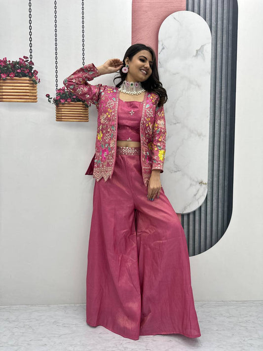 Preferable Tissue Simmer Pink Color Palazzo Suit With Shrug