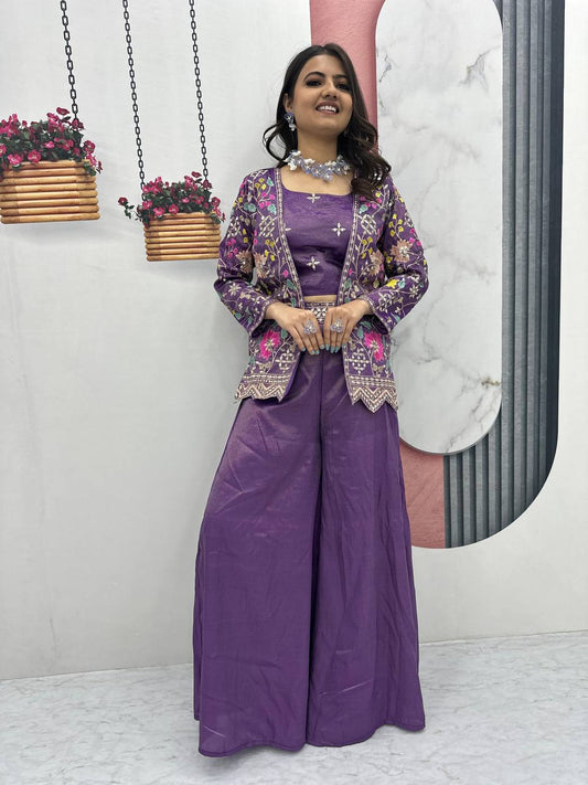 Preferable Tissue Simmer Purple Color Palazzo Suit With Shrug