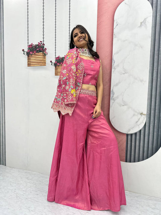 Preferable Tissue Simmer Pink Color Palazzo Suit With Shrug