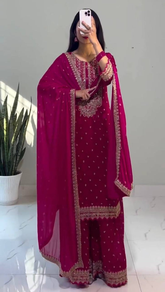 Pretty Chinon Silk Sequence Work Pink Color Sharara Suit