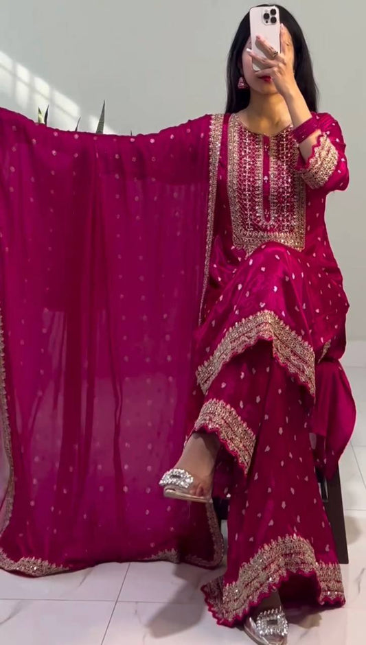 Pretty Chinon Silk Sequence Work Pink Color Sharara Suit