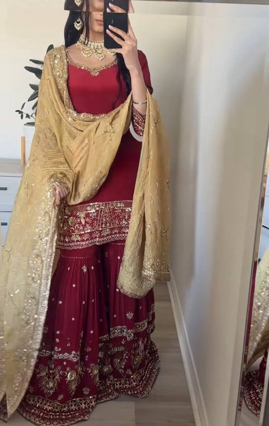 Function Wear Sequence Work Maroon Color Sharara Suit