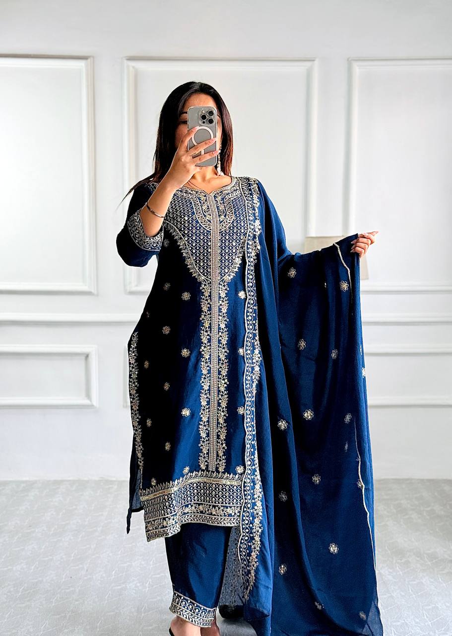 Awesome Sequence Work Blue Color Top With Dupatta Set
