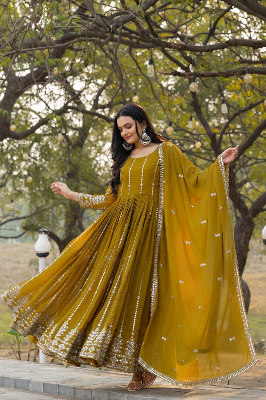 Fantastic Georgette Embroidery Work Mustard Color Gown