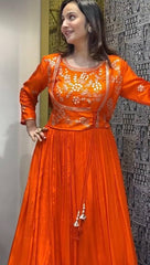 Awesome Chinon Sequence Work Orange Color Gown