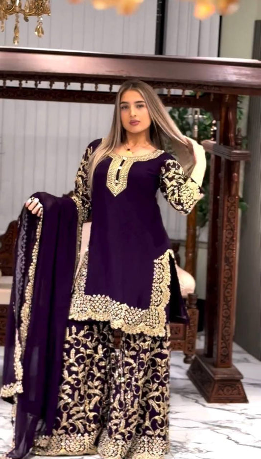 Preferable Sequence Work Purple Color Top Sharara With Dupatta Set