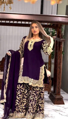 Preferable Sequence Work Purple Color Top Sharara With Dupatta Set