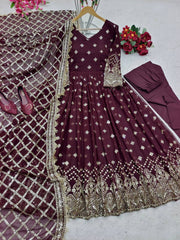 Function Wear Embroidery Work Purple Color Gown With Dupatta