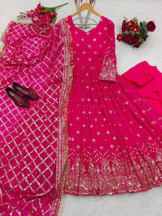 Function Wear Embroidery Work Pink Color Gown With Dupatta