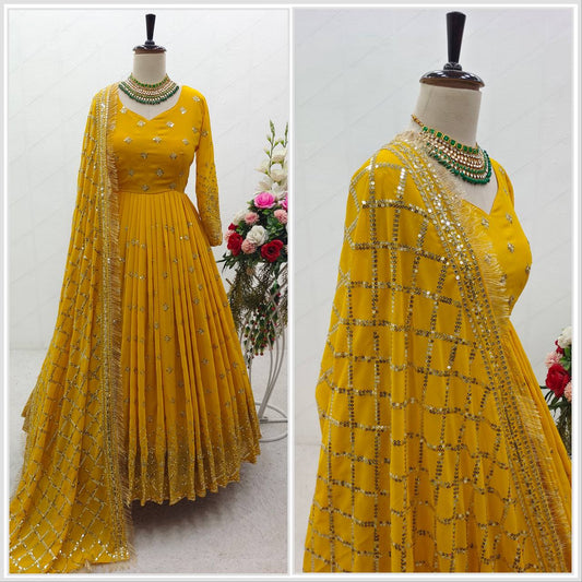 Function Wear Embroidery Work Yellow Color Gown With Dupatta