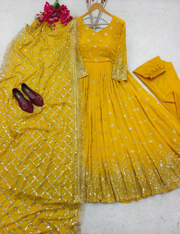 Function Wear Embroidery Work Yellow Color Gown With Dupatta