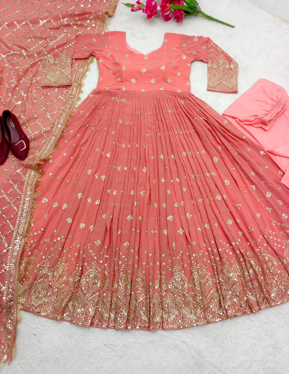 Function Wear Embroidery Work Peach Color Gown With Dupatta