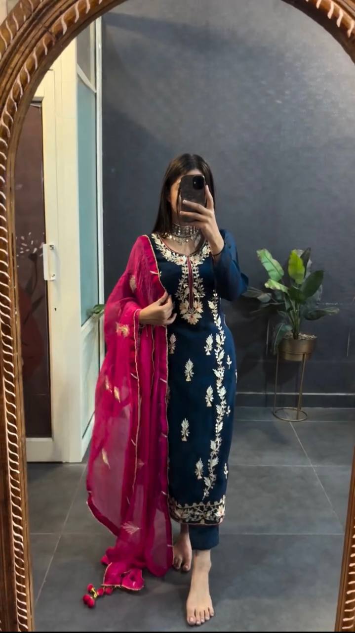 Occasion Wear Heavy Embroidery Sequence Work Navy Blue Color Salwar Suit