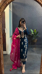 Occasion Wear Heavy Embroidery Sequence Work Navy Blue Color Salwar Suit