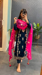 Occasion Wear Heavy Embroidery Sequence Work Navy Blue Color Salwar Suit