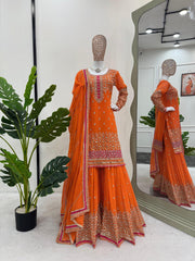 Preferable Sequence Work Orange Color Sharara Suit