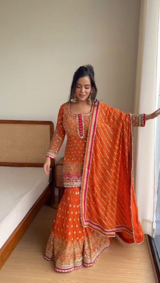 Preferable Sequence Work Orange Color Sharara Suit