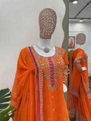 Preferable Sequence Work Orange Color Sharara Suit