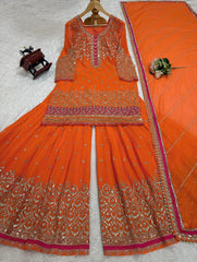 Preferable Sequence Work Orange Color Sharara Suit