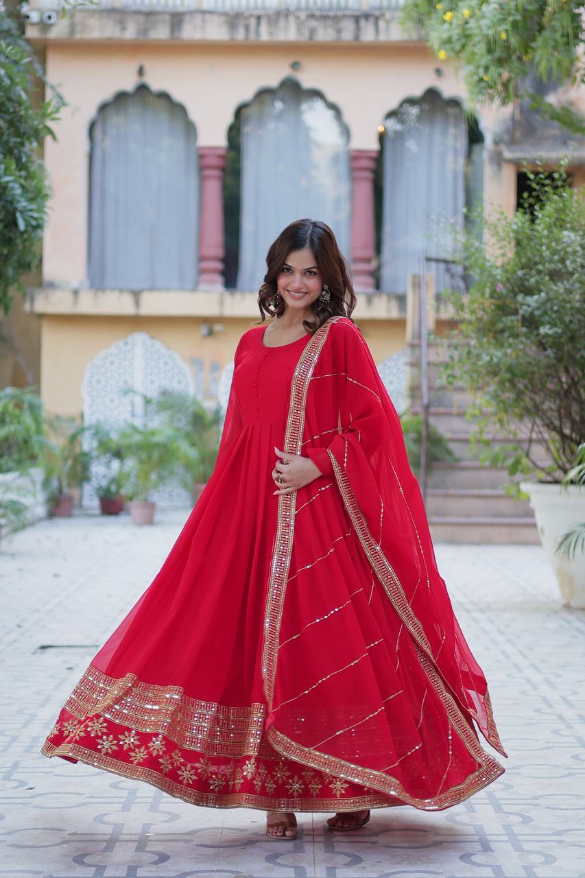 Graceful Embroidered Work Red Color Gown With Dupatta
