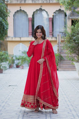 Graceful Embroidered Work Red Color Gown With Dupatta