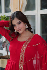 Graceful Embroidered Work Red Color Gown With Dupatta