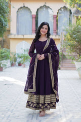 Graceful Embroidered Work Wine Color Gown With Dupatta