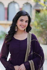 Graceful Embroidered Work Wine Color Gown With Dupatta