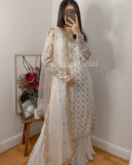 Decent Embroidery White Color Sharara Suit