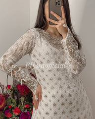 Decent Embroidery White Color Sharara Suit