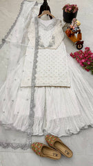 Decent Embroidery White Color Sharara Suit