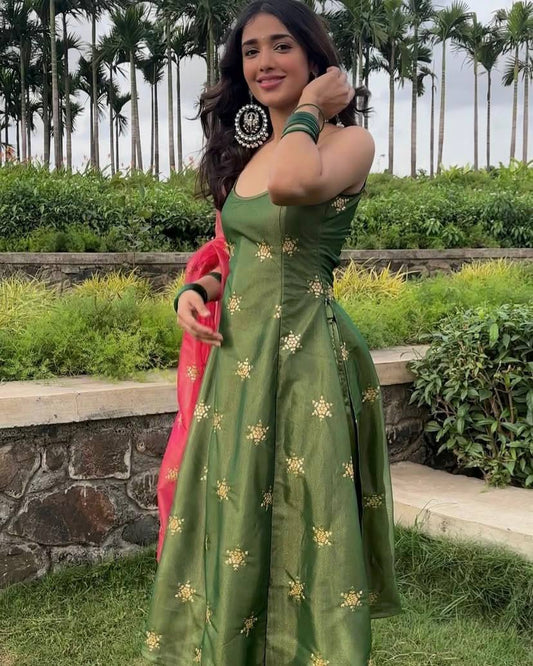 Awesome Embroidery Sequins Work Green Color Salwar Suit