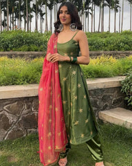 Awesome Embroidery Sequins Work Green Color Salwar Suit