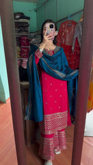 Presenting Embroidery Sequence Work Red Color Salwar Suit