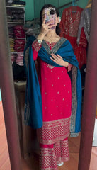 Presenting Embroidery Sequence Work Red Color Salwar Suit