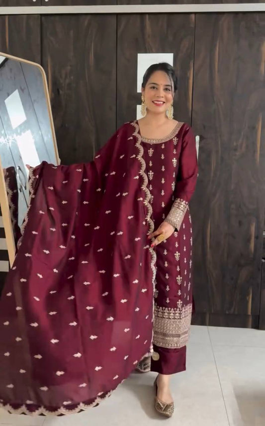 Designer Sequence Work Maroon Color Top With Dupatta Set