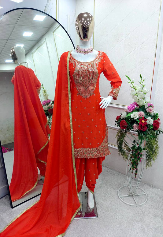 Fabulous Sequence Work Orange Color Top Dhoti With Dupatta Set