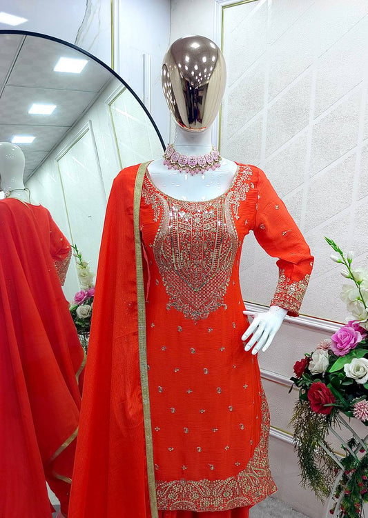 Fabulous Sequence Work Orange Color Top Dhoti With Dupatta Set