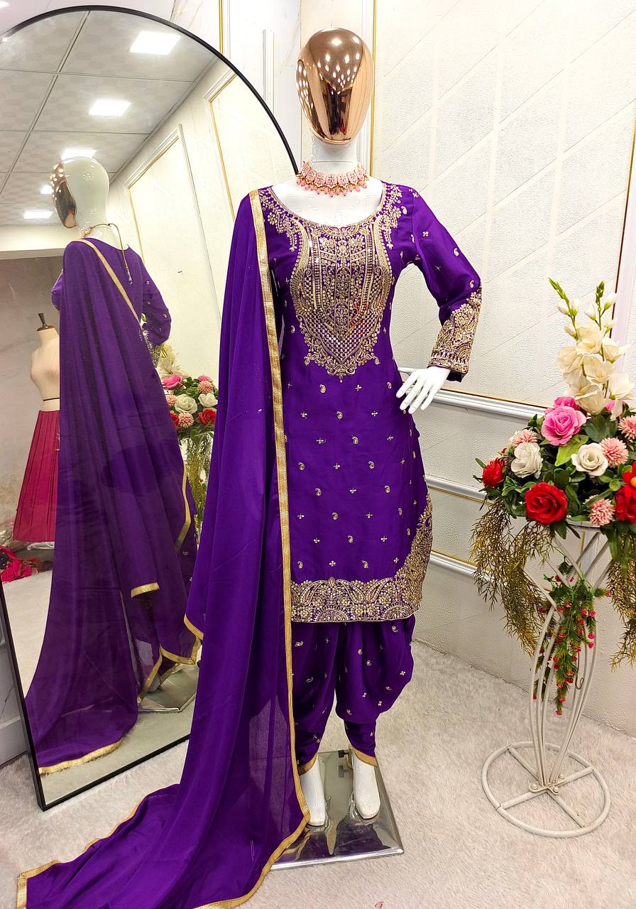 Fabulous Sequence Work Purple Color Top Dhoti With Dupatta Set