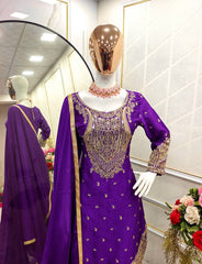 Fabulous Sequence Work Purple Color Top Dhoti With Dupatta Set