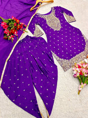 Fabulous Sequence Work Purple Color Top Dhoti With Dupatta Set