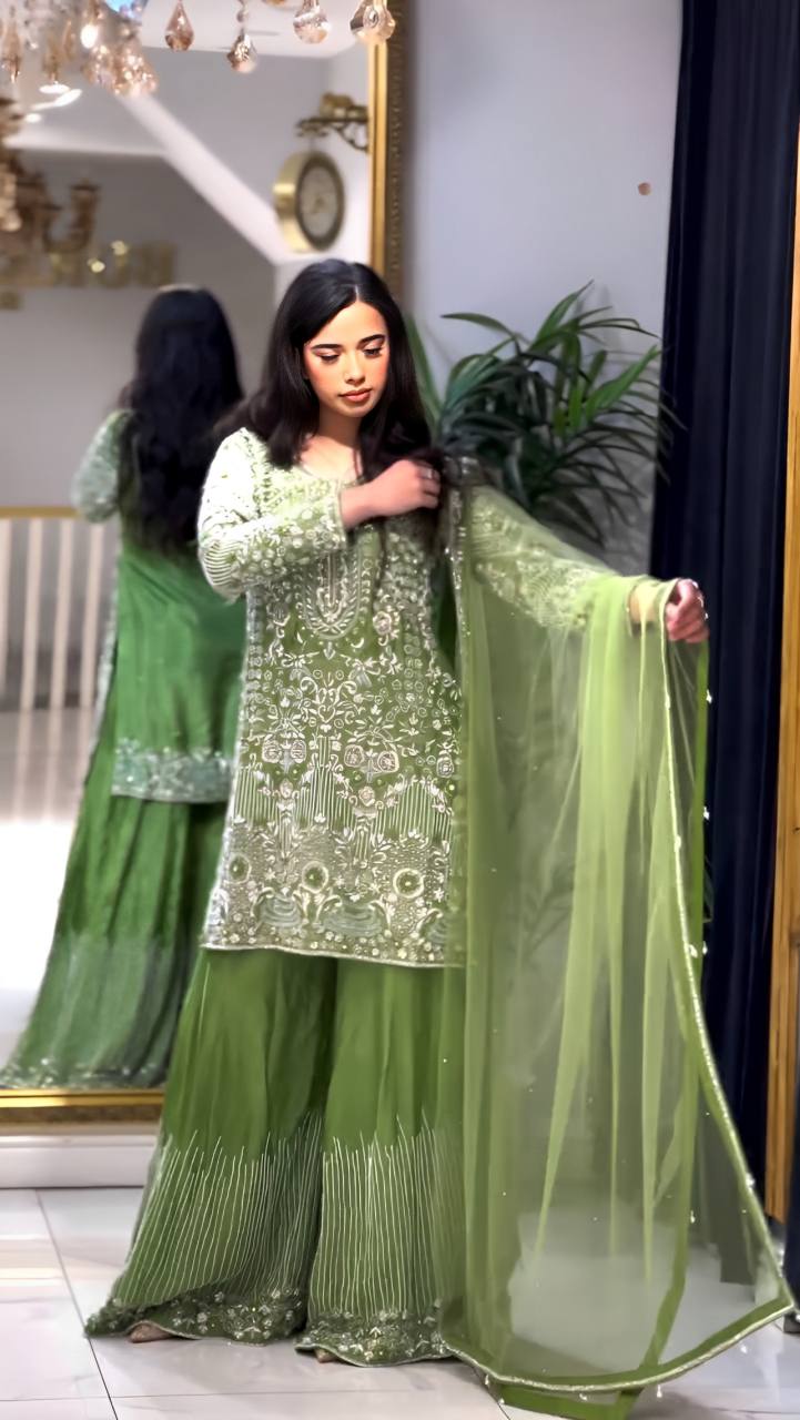Outstanding Sequence Work Green Color Sharara Suit