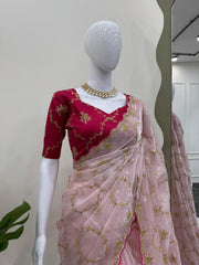 Fantastic Thread With Sequence Work Pink Color Designer Saree