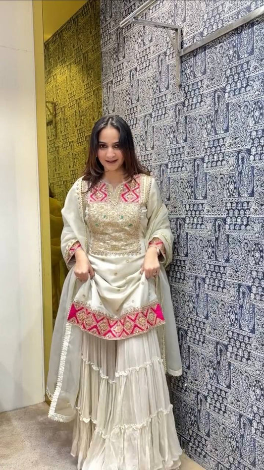 Admiring Coding Dori Work White Color Sharara Suit